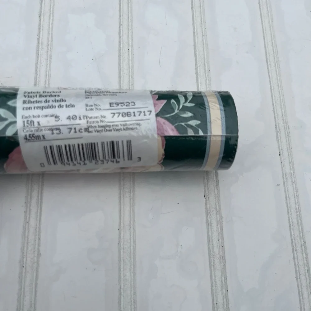 Vtg Sanitas Floral Wallpaper Border Hunter Green Pink Rose Vinyl 15